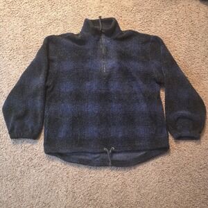 Unionbay Mens Sherpa Fleece Quarter Zip Pullover Navy Blue Plaid‎ Large USA Made